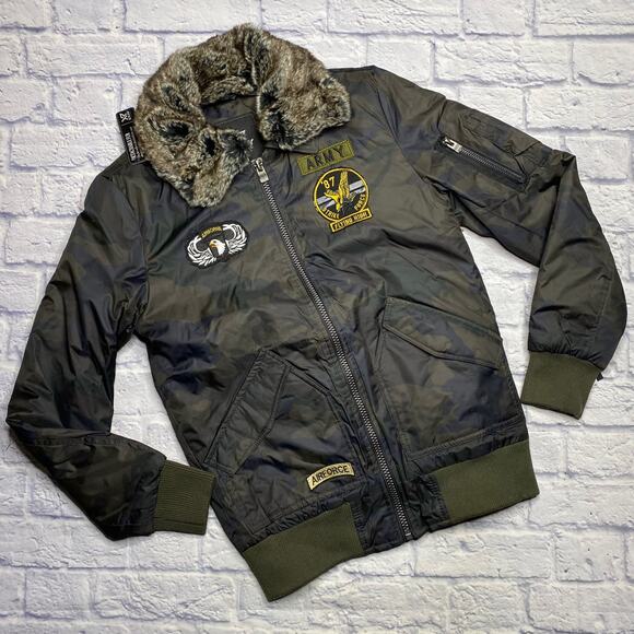 NEW Xray Jeans Army Camo Bomber Jacket with Fur Collar - Picture 1 of 12